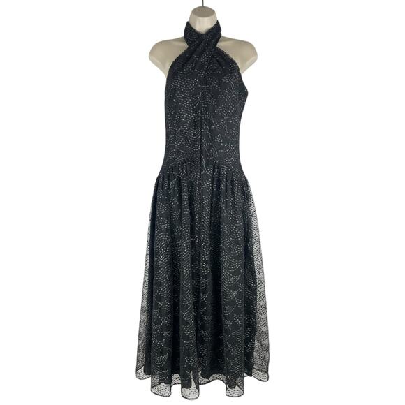 Shoshanna Olivia Metallic Scallope Mesh Halter Neck Black Dress Size 2 - Picture 5 of 14